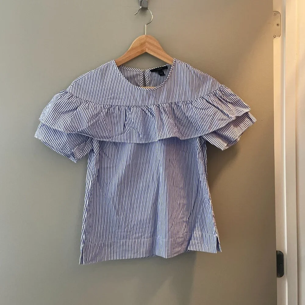 NWOT J.Crew Edie Ruffle Stripe Cotton Top Blue White Size 000